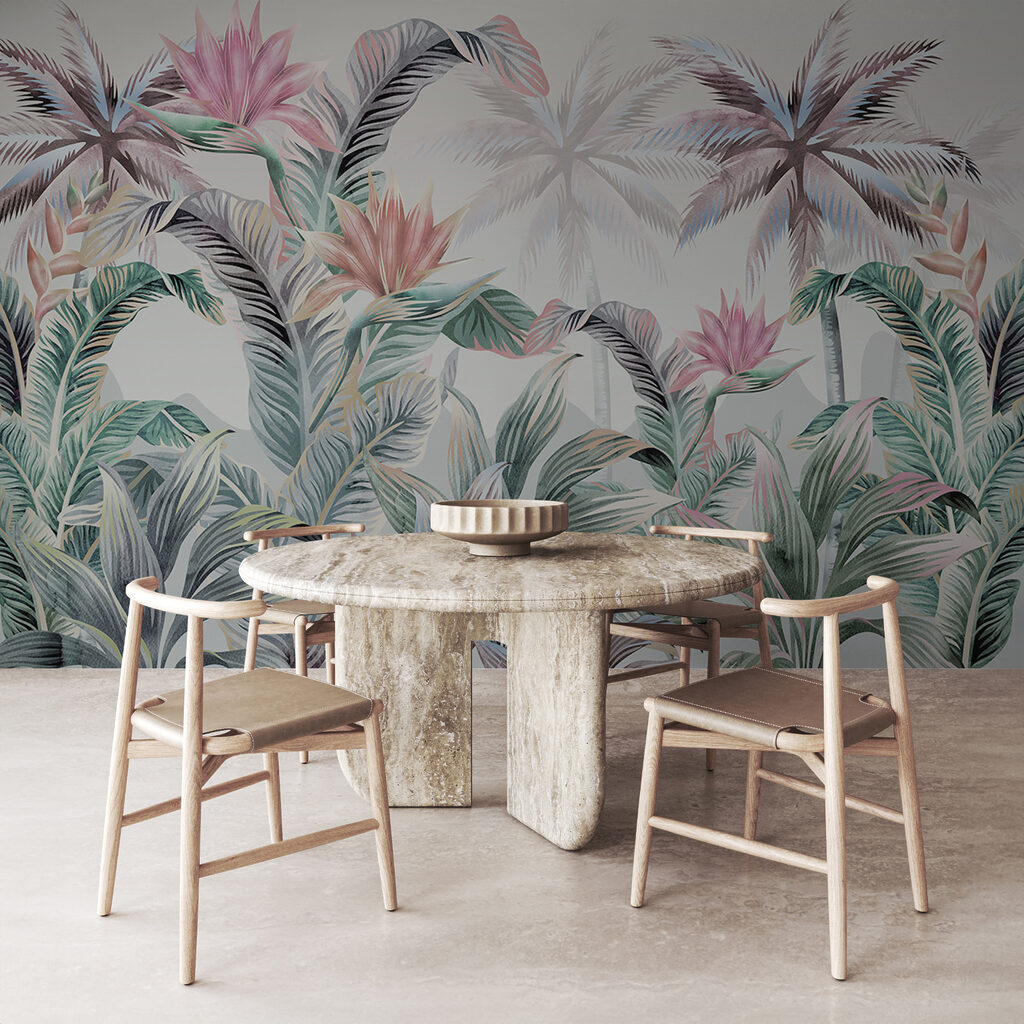 Wallpaper with palm trees and flowers