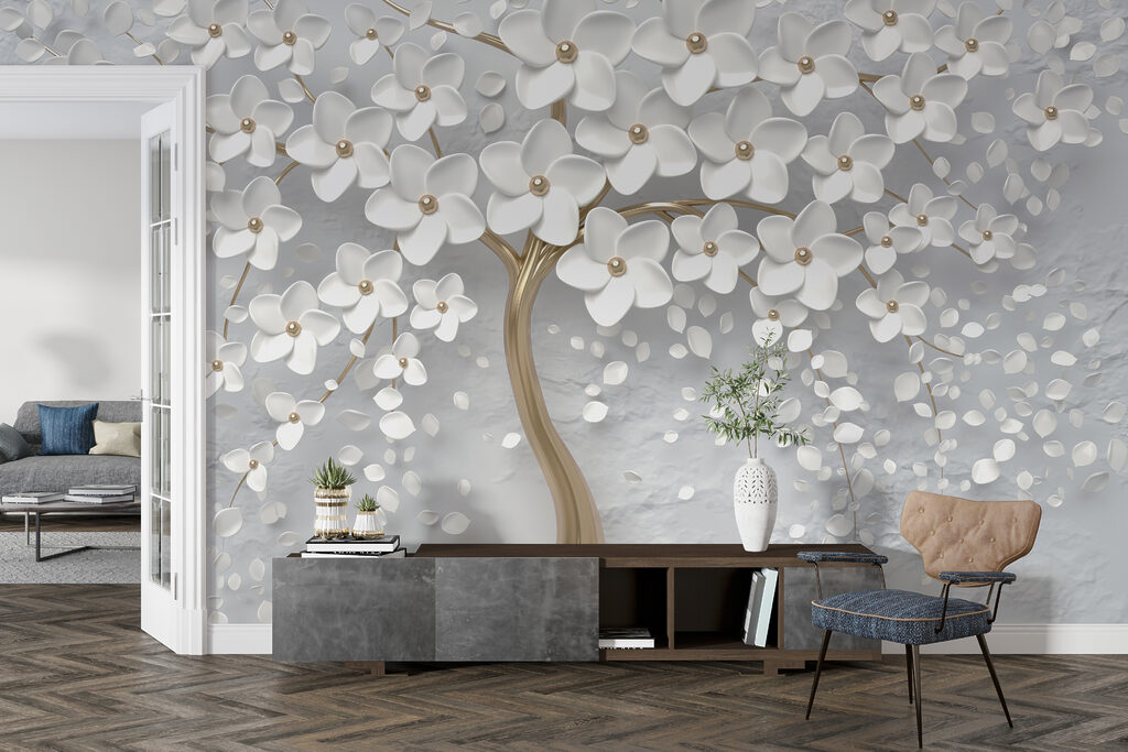 Tree with white flowers and leaves