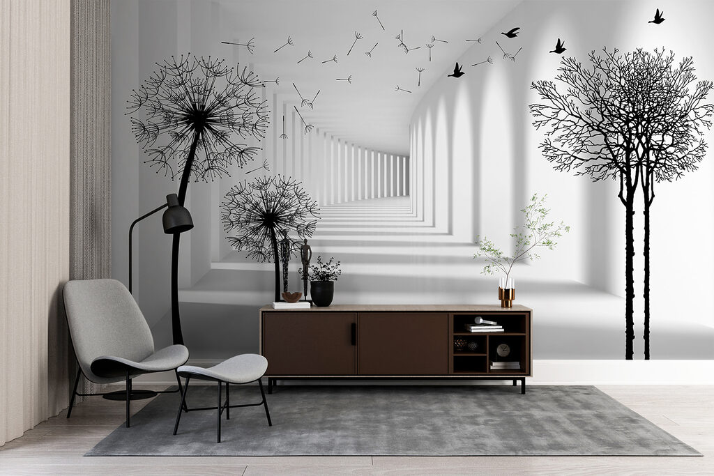 u37803pih2r 1024x683 - Λευκό δωμάτιο με δέντρα και πουλιά που πετούν