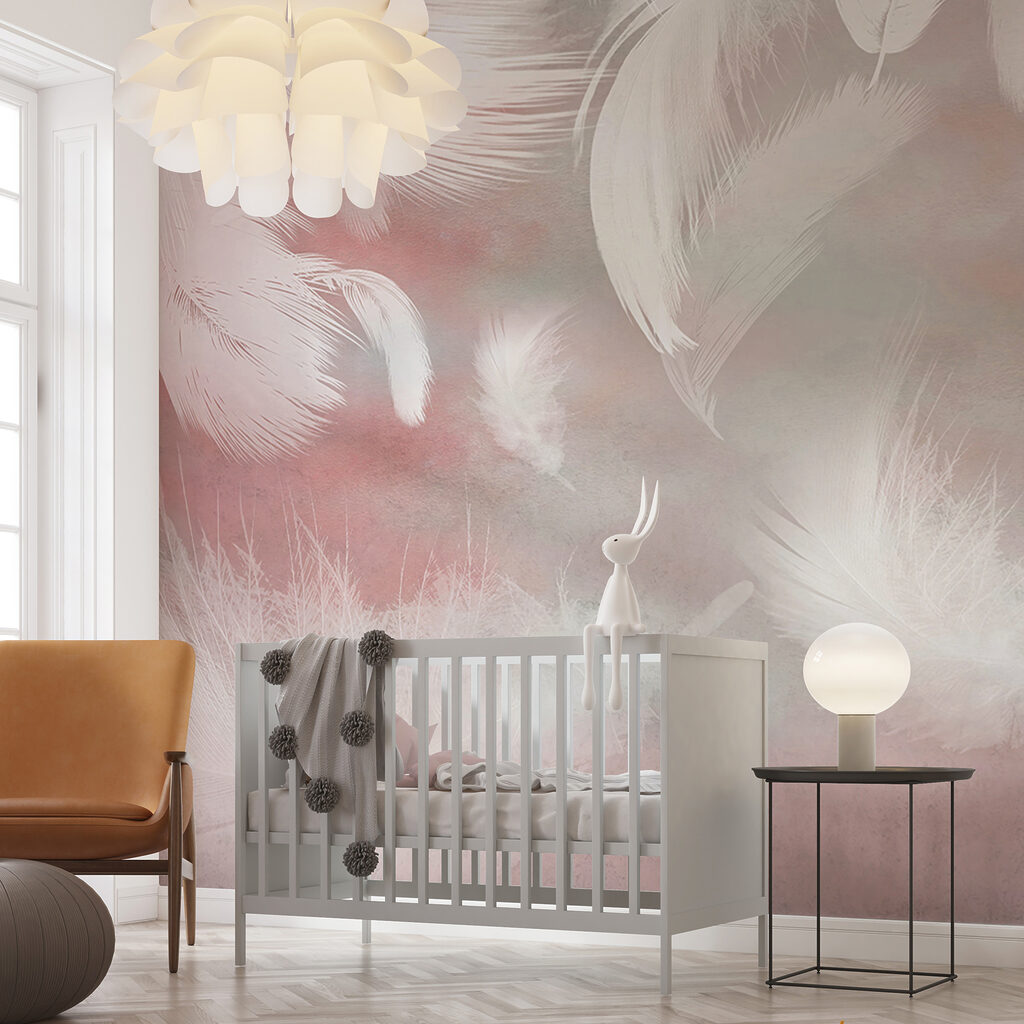 White feathers on a pink background