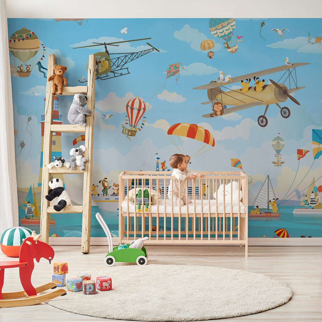 Cartoon animals flying over a boat