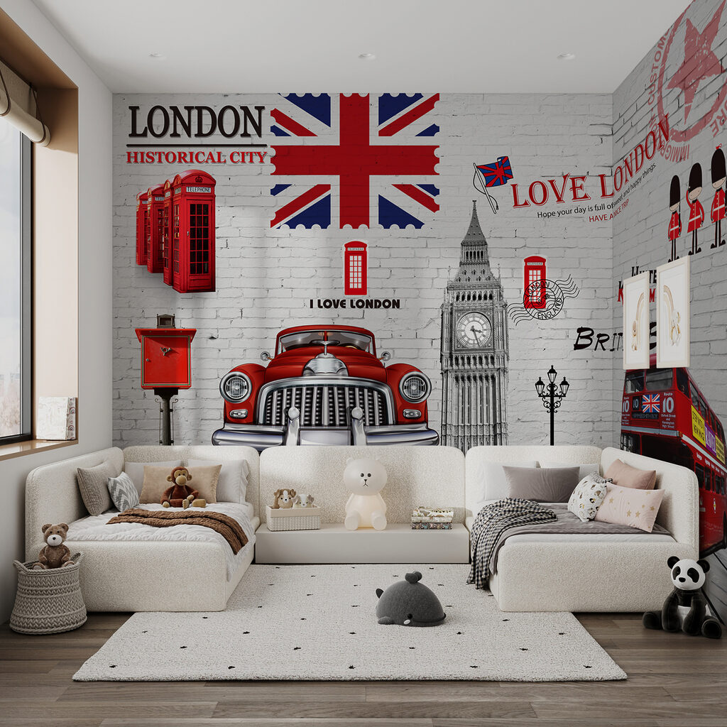 Red bus and a red bus painted on a wall Red bus and a red bus painted on a wall