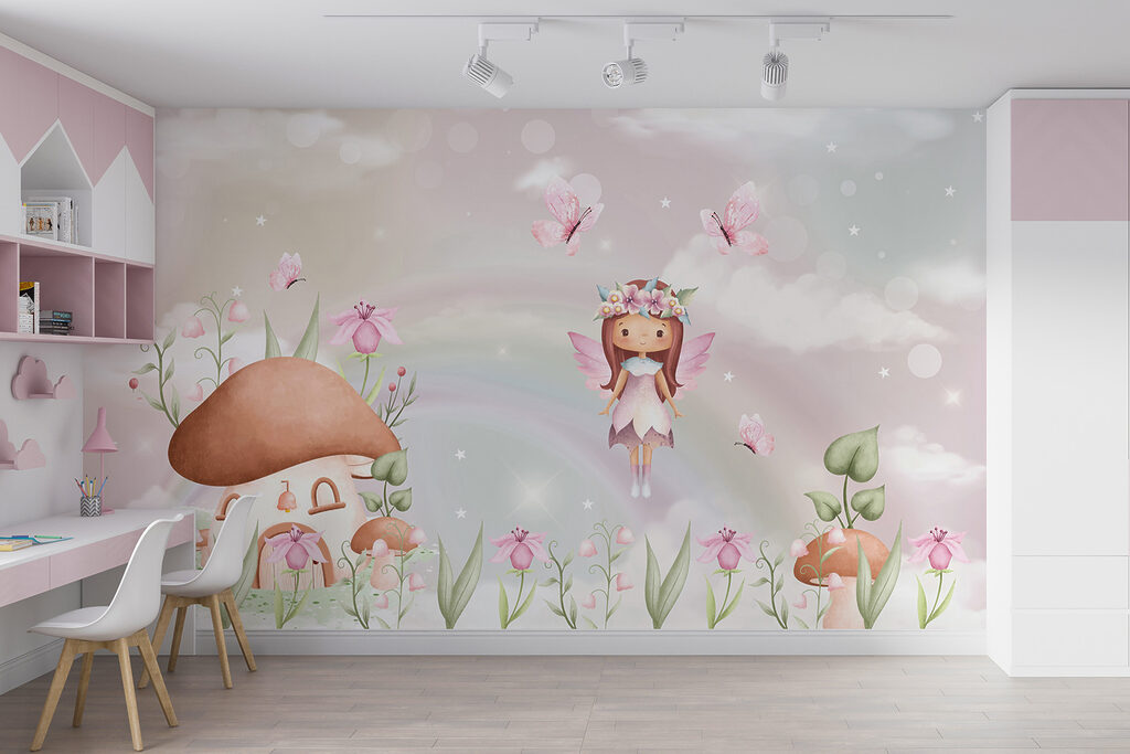 A cartoon fairy flying in the sky