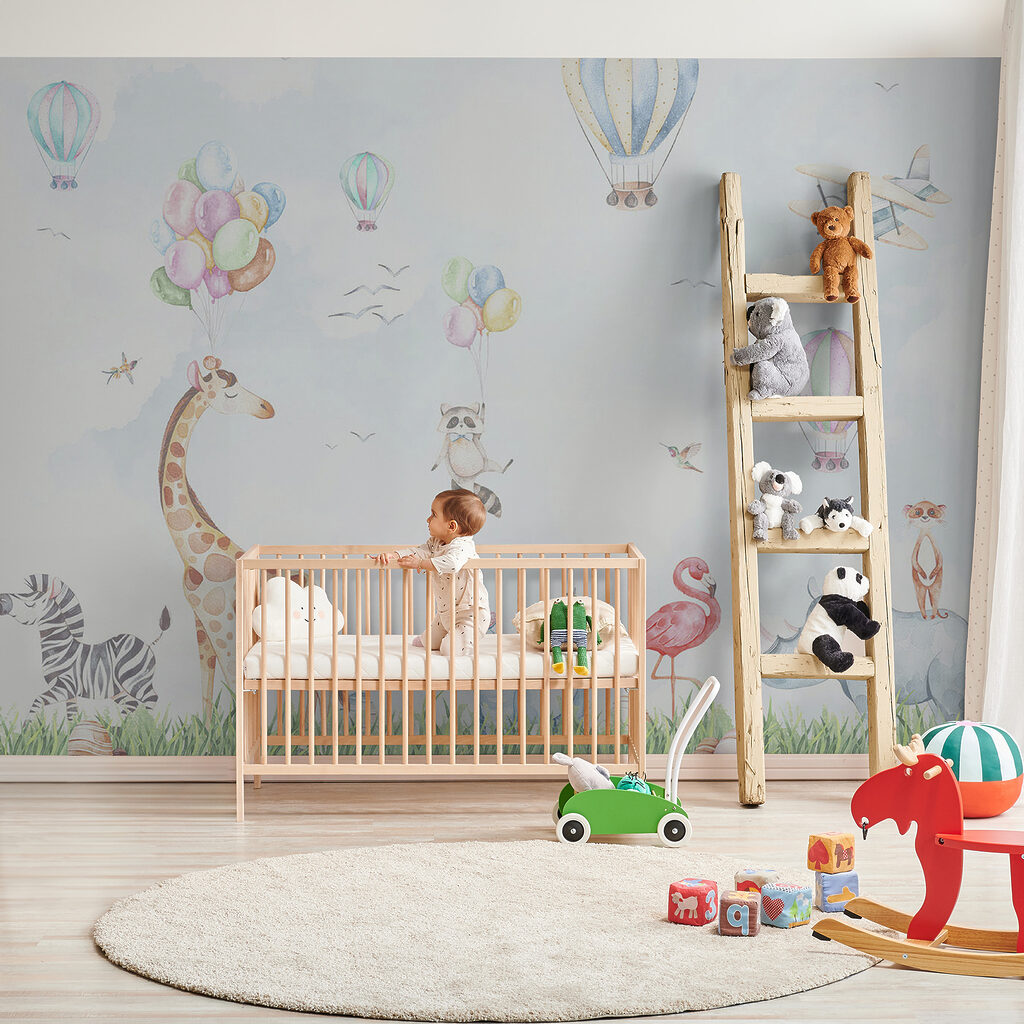 Watercolor of animals and balloons