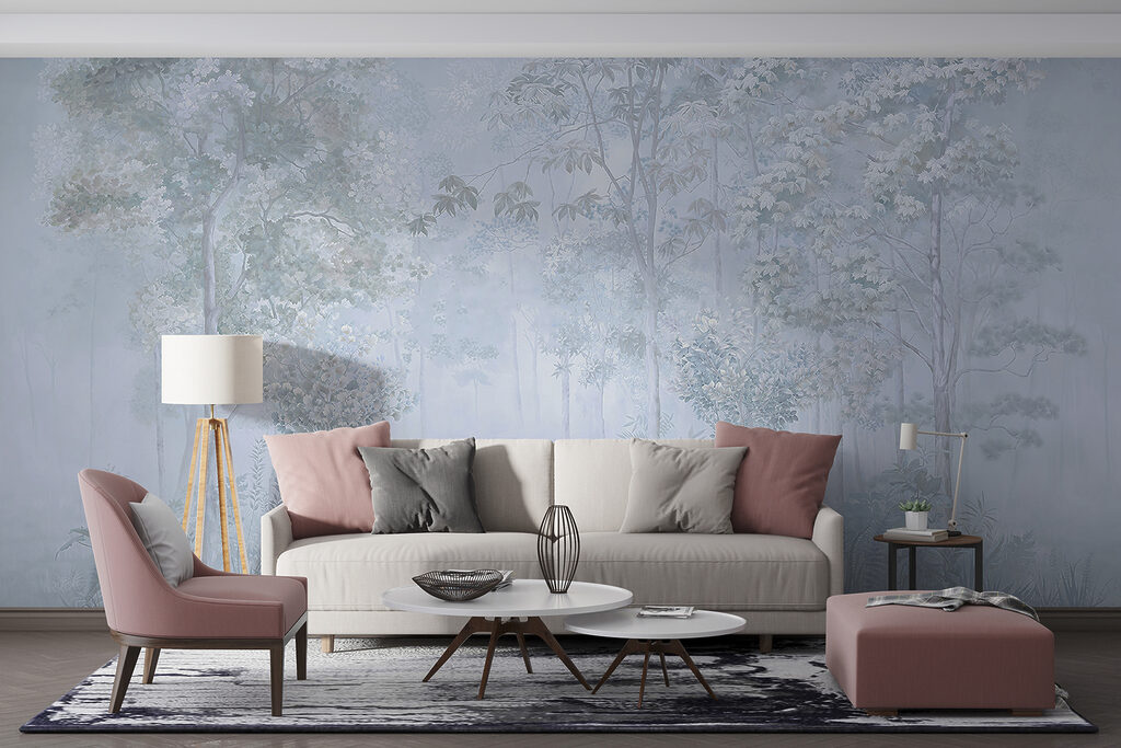 Foggy forest with trees and plants Foggy forest with trees and plants