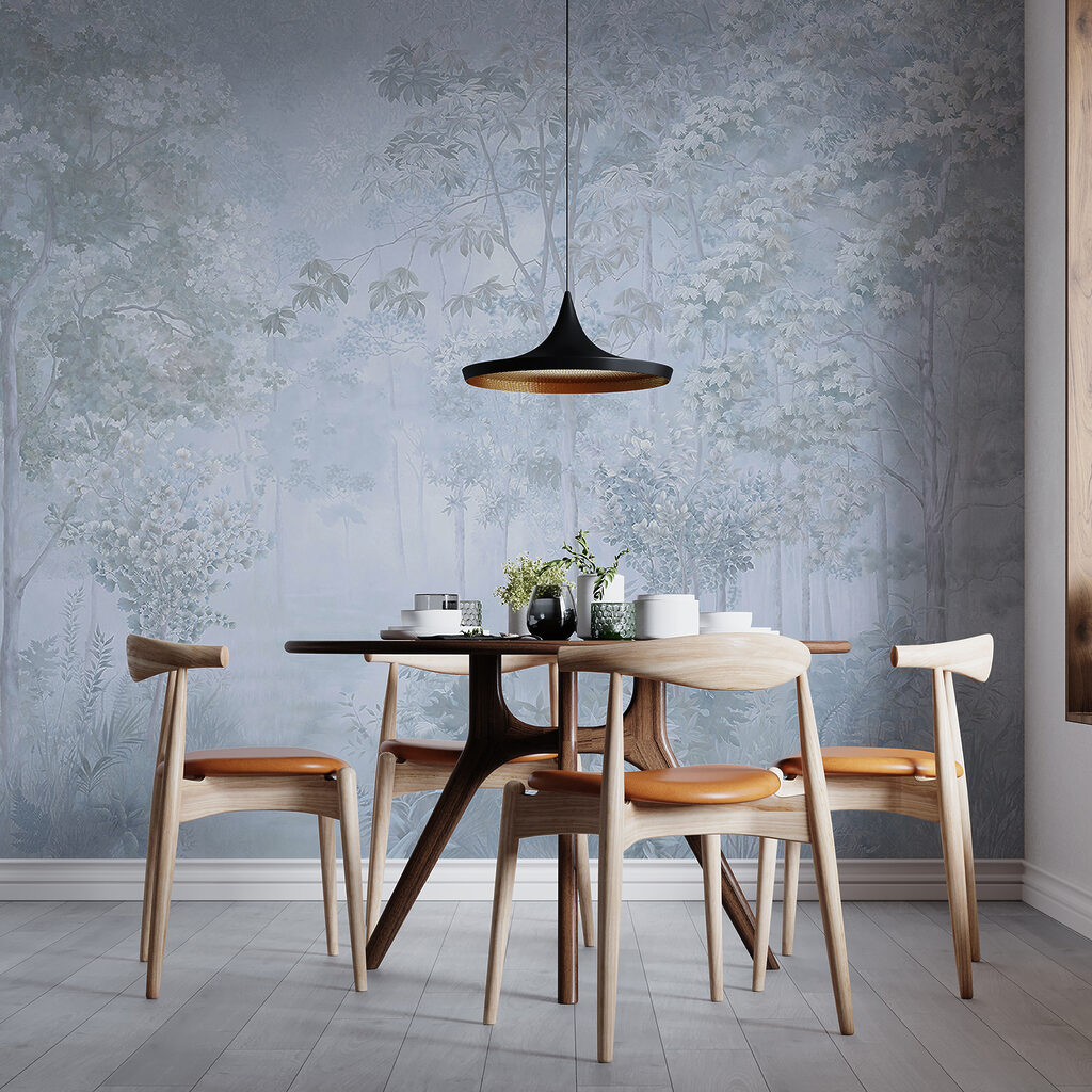 Foggy forest with trees and plants Foggy forest with trees and plants