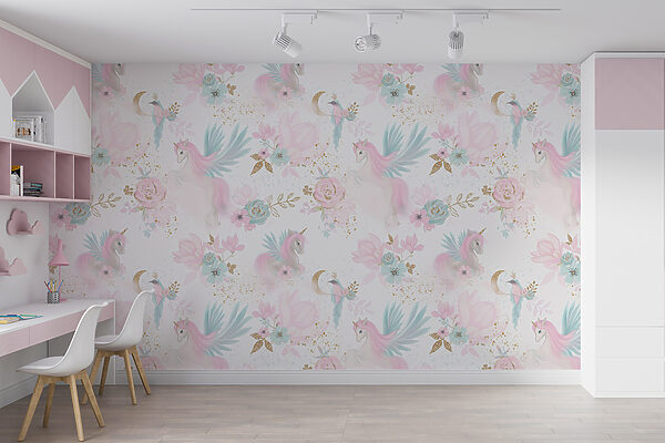 Pattern of pink and blue unicorns and flowers