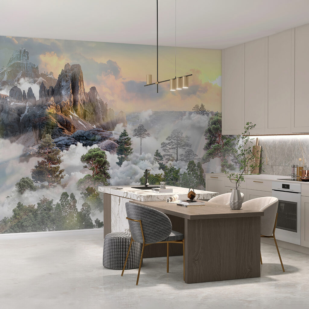 Mountain with trees and clouds