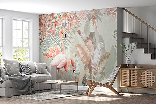 Flamingos and tropical leaves