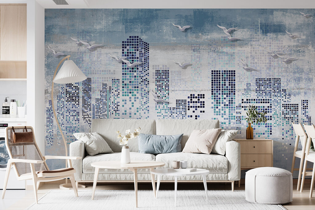 Birds flying over a city