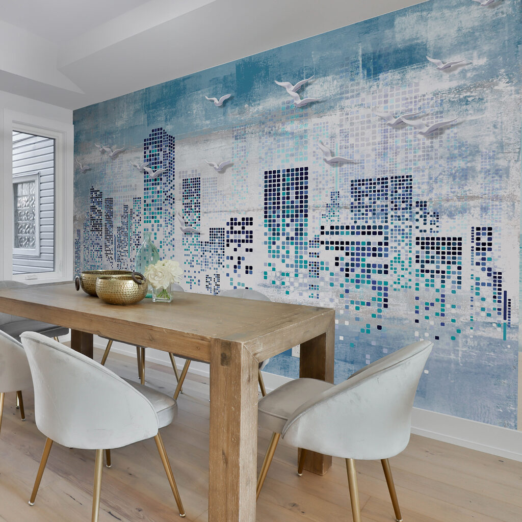 Birds flying over a city