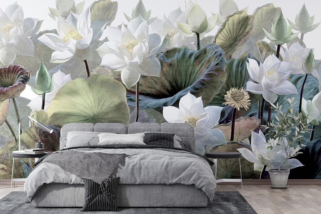 Group of white flowers and green leaves