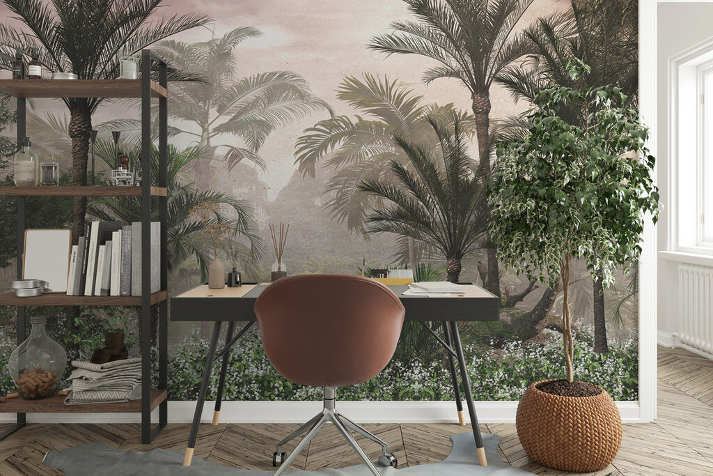 Group of palm trees and bushes