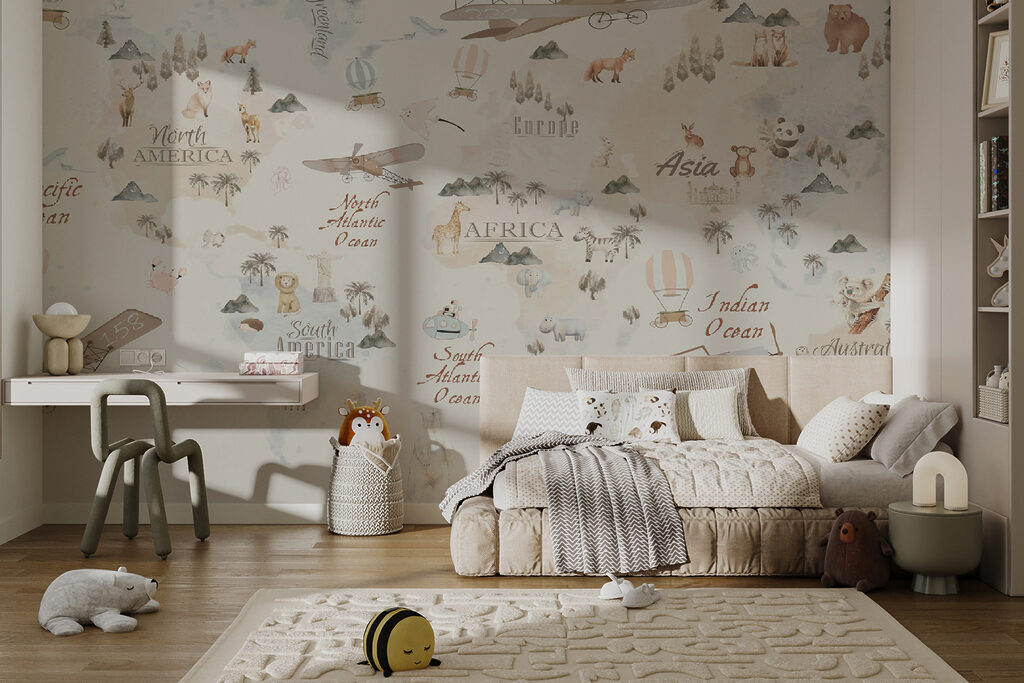 Map of the world with animals and birds Map of the world with animals and birds