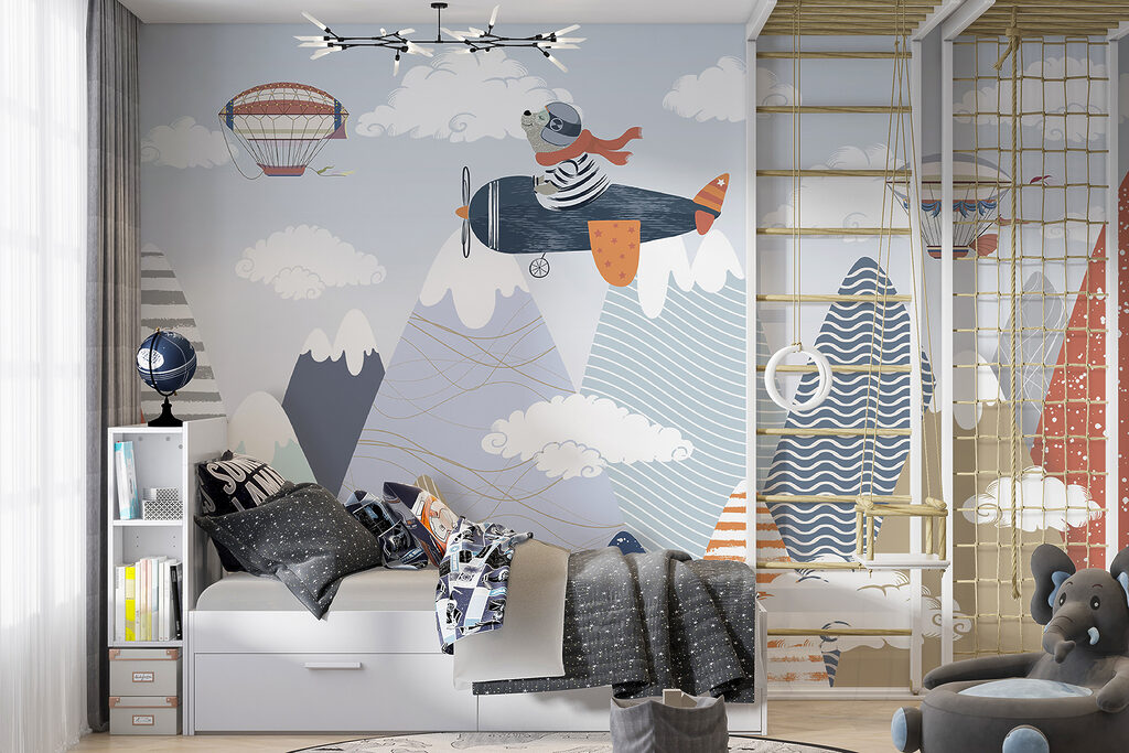 Cartoon bear flying on an airplane