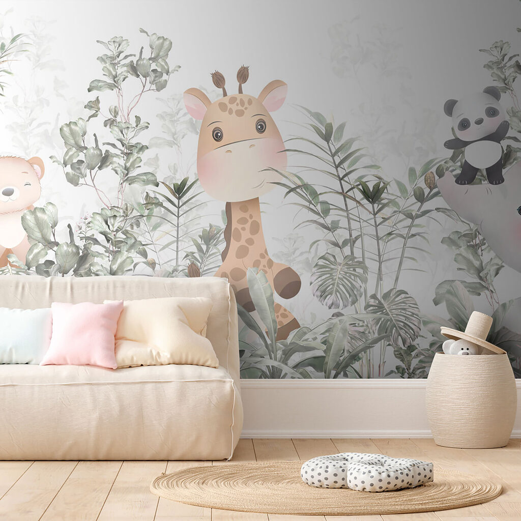 Giraffe and panda in a forest