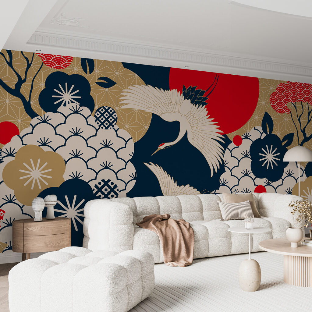 Art of cranes flying in the sky