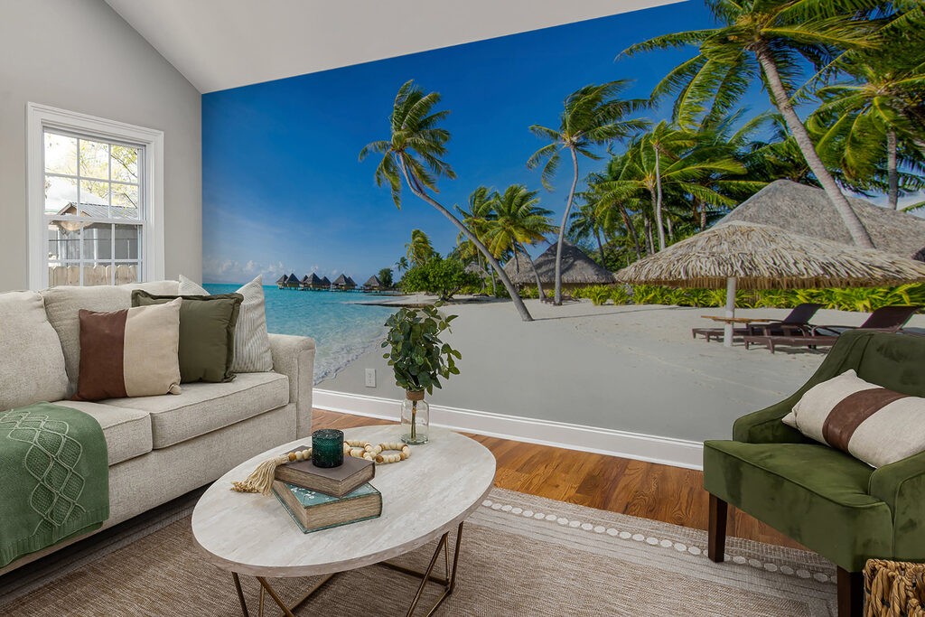 Beach with palm trees and huts