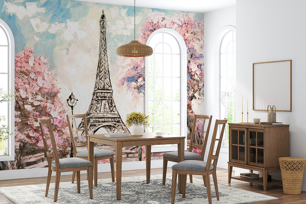 Painting of a tower with pink flowers