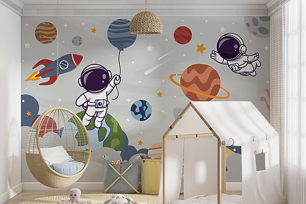 Cartoon astronaut in space with planets and rocket flying in the sky
