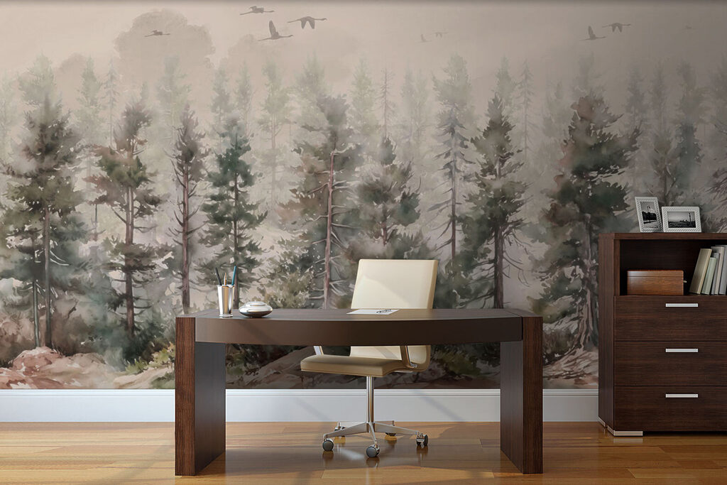 Watercolor of trees and birds flying over a foggy forest