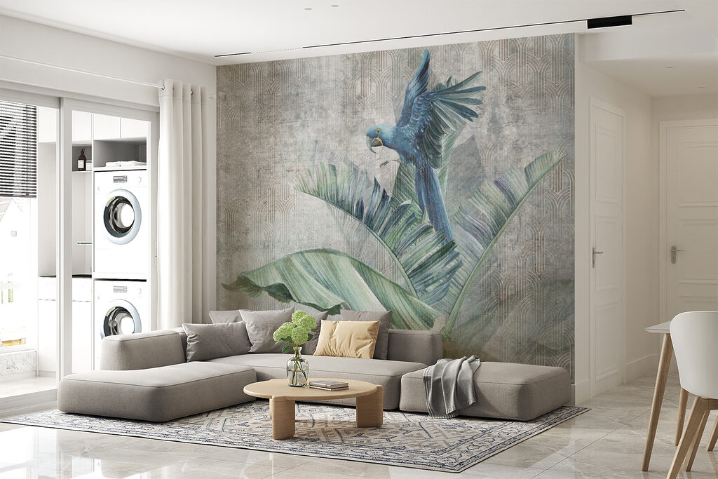 Blue parrot on a banana leaf