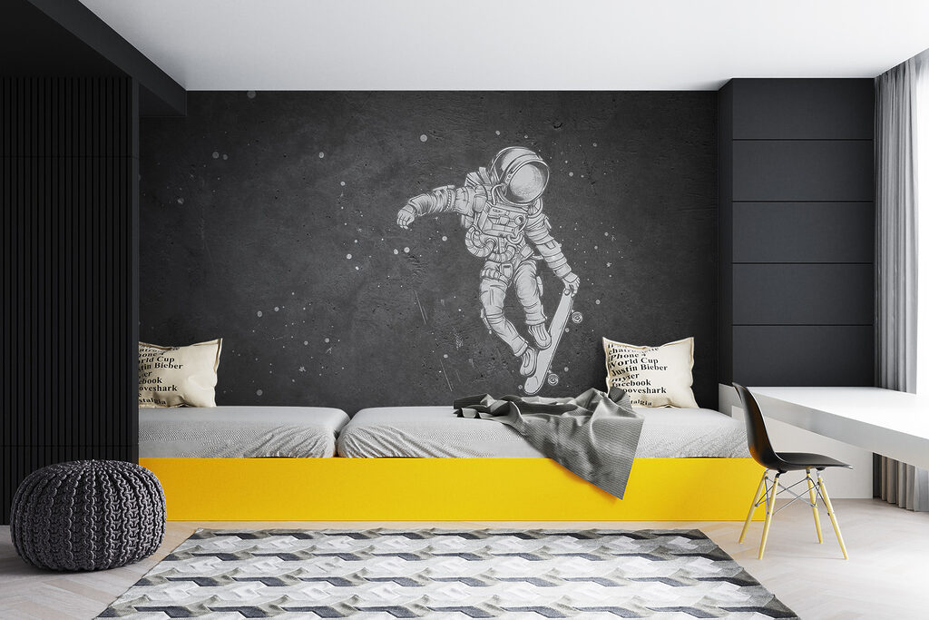 Drawing of an astronaut on a skateboard