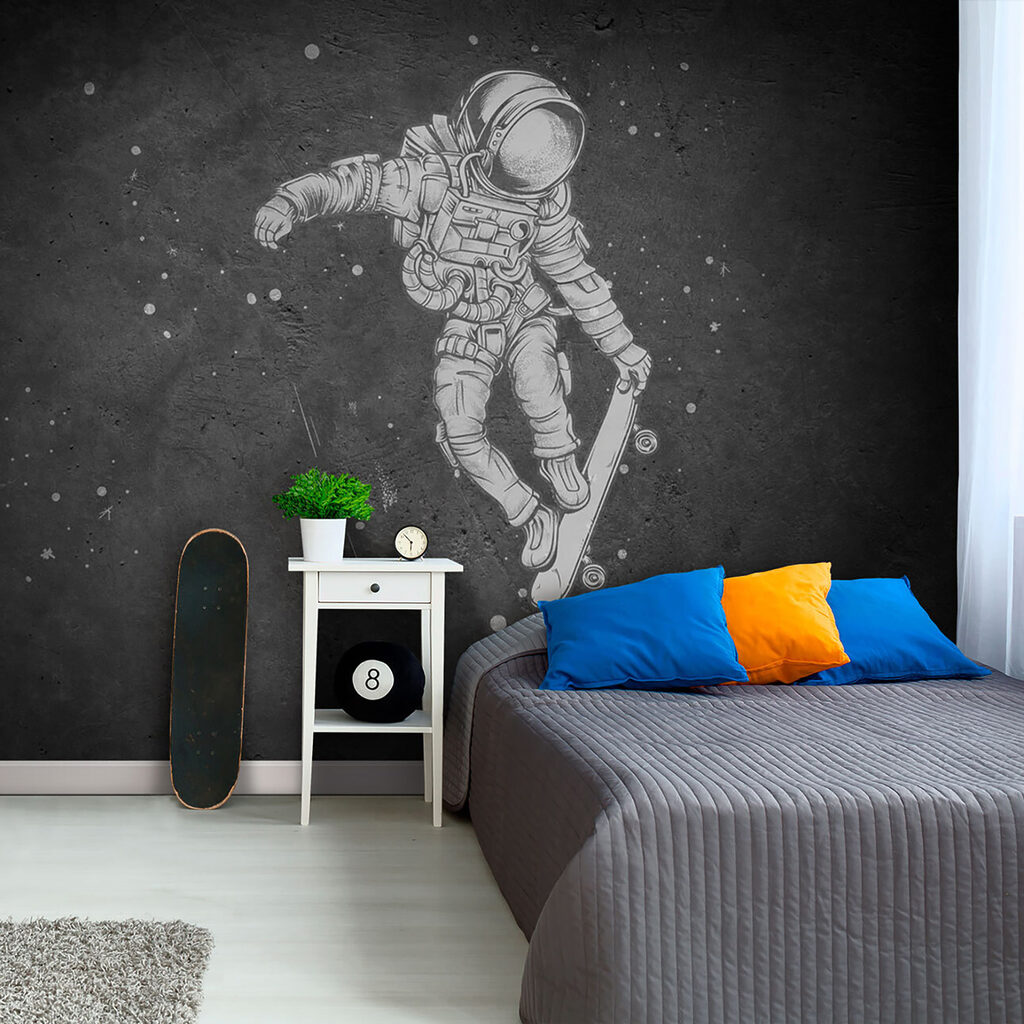 Drawing of an astronaut on a skateboard