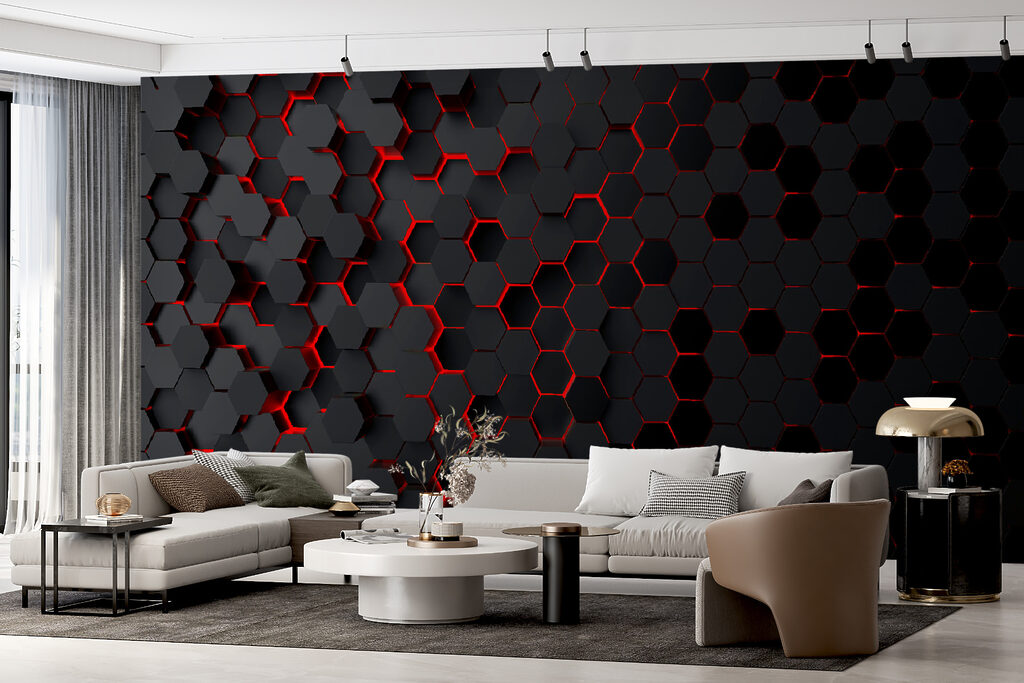A black hexagons with red light