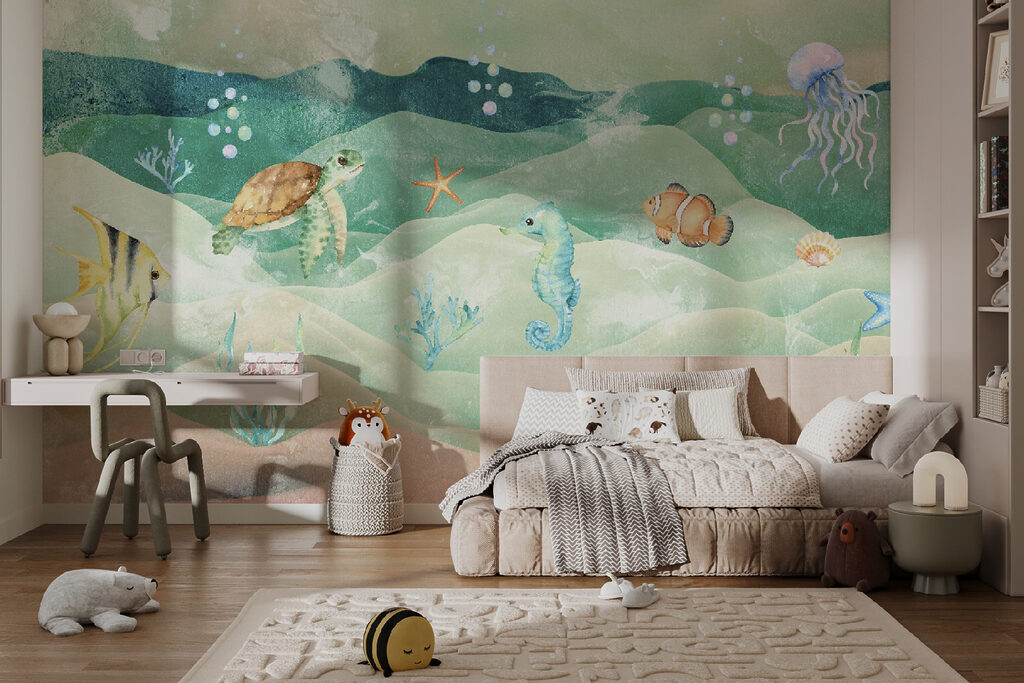 Sea life with seahorses and seaweed