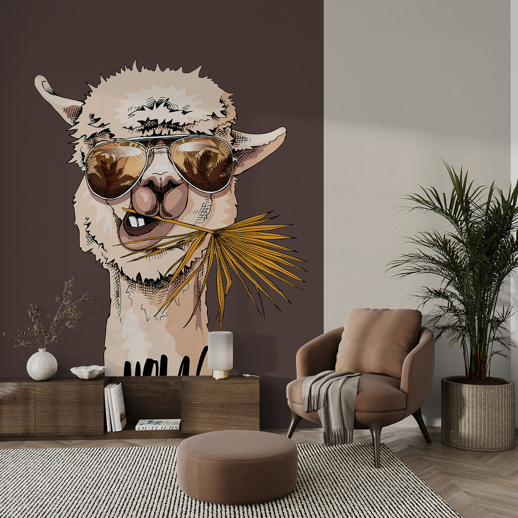 A llama wearing sunglasses and eating a palm leaf