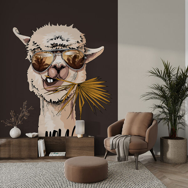 A llama wearing sunglasses and eating a leaf