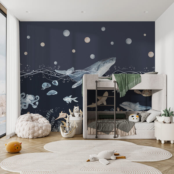 A watercolor of a whale and fish A watercolor of a whale and fish