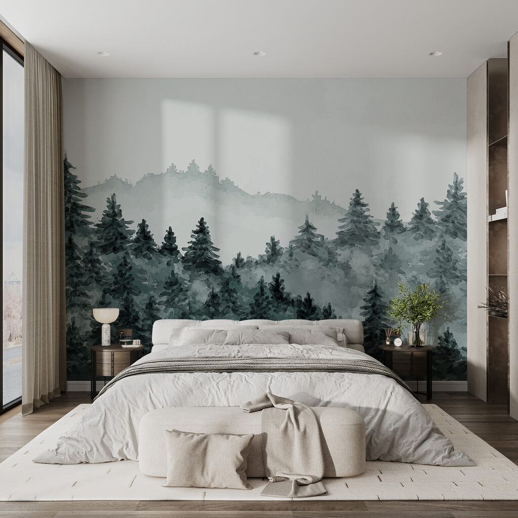 A foggy forest with trees A foggy forest with trees