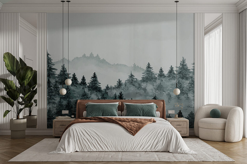 A foggy forest with trees A foggy forest with trees