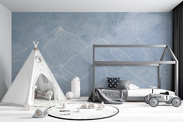 A drawing of mountains with clouds