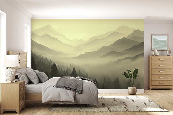 Foggy mountain landscape with trees
