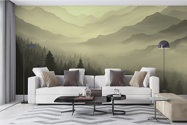 Foggy mountain landscape with trees