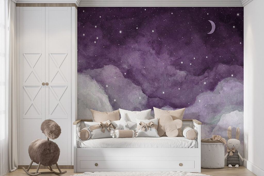 A purple sky with clouds and stars A purple sky with clouds and stars