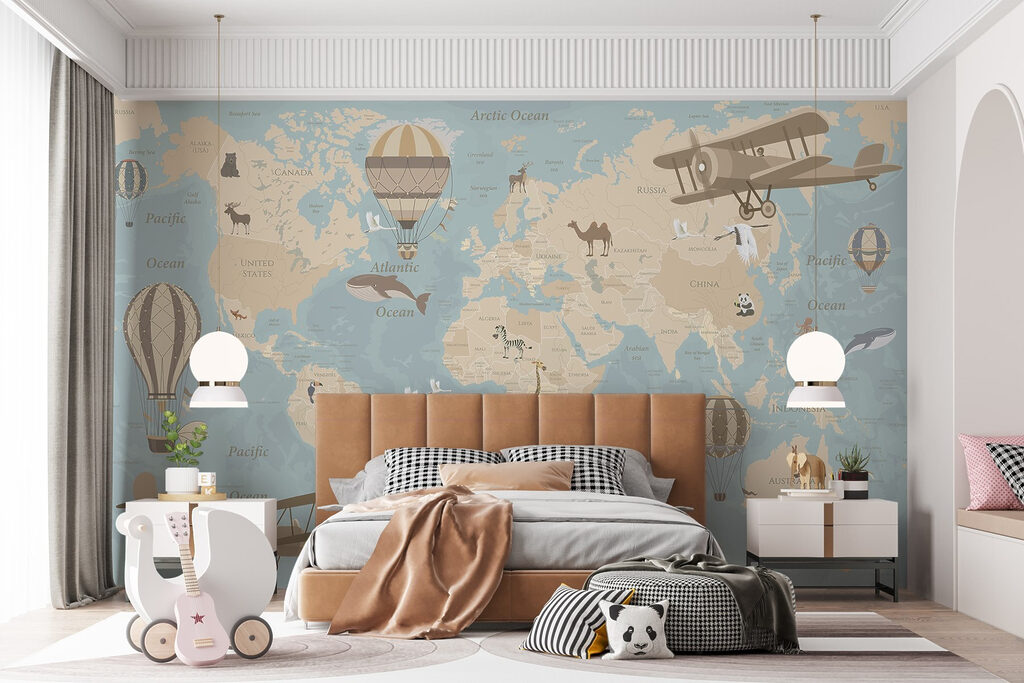 Map of the world with airplanes and hot air balloons