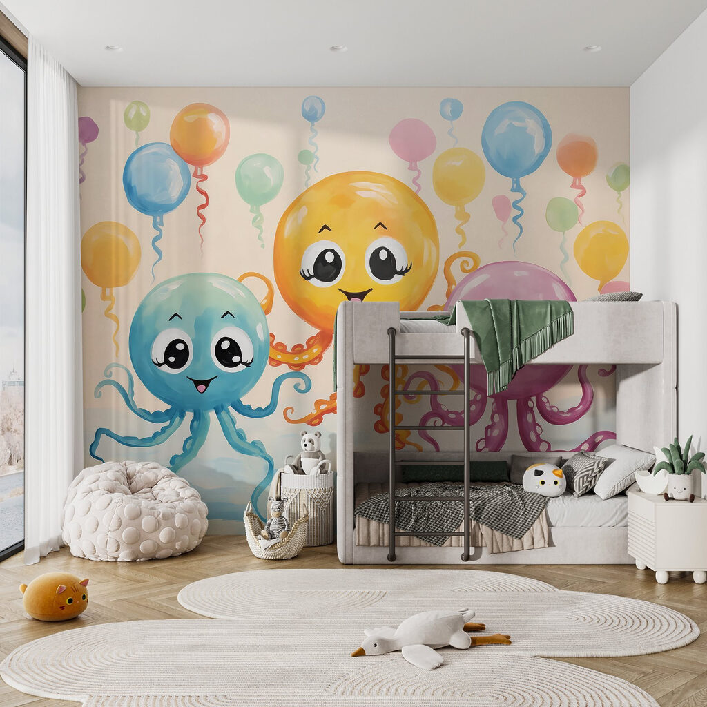 Group of octopuses with balloons