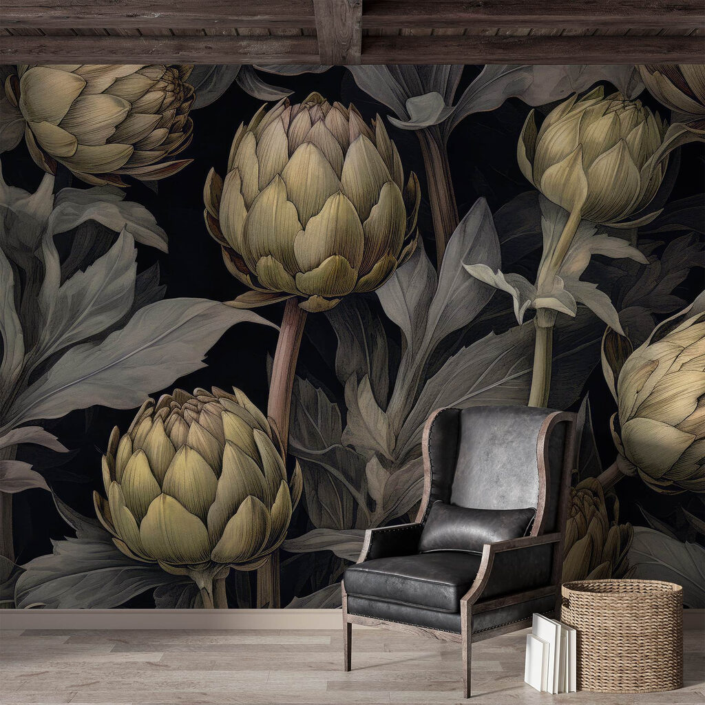 Artichokes and leaves on a black background