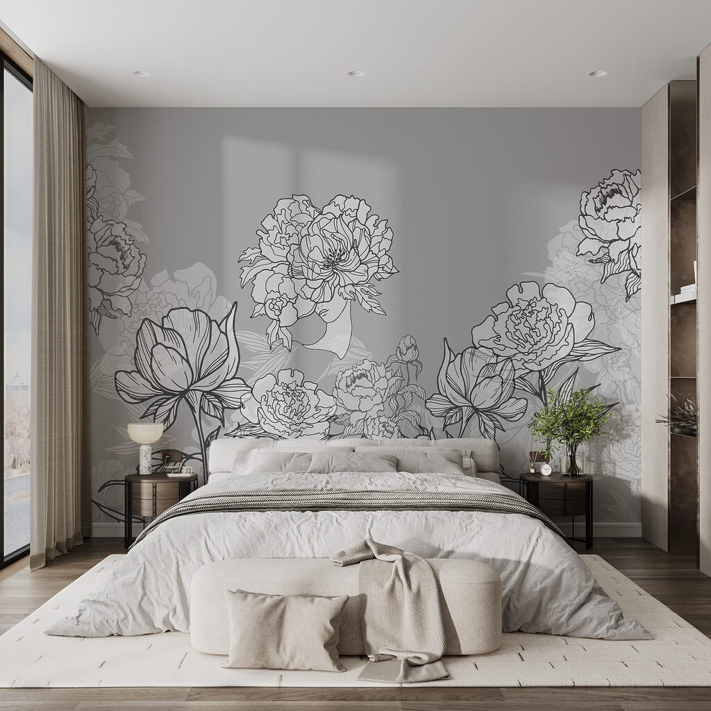 Line of flowers on a gray background