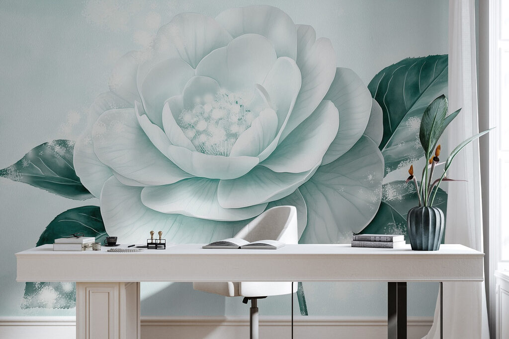 White flower with green leaves White flower with green leaves