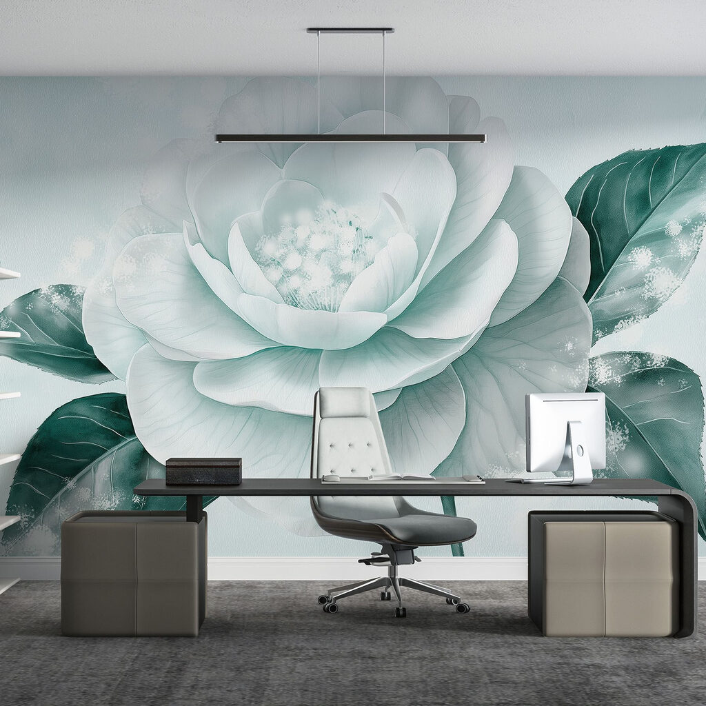 White flower with green leaves White flower with green leaves