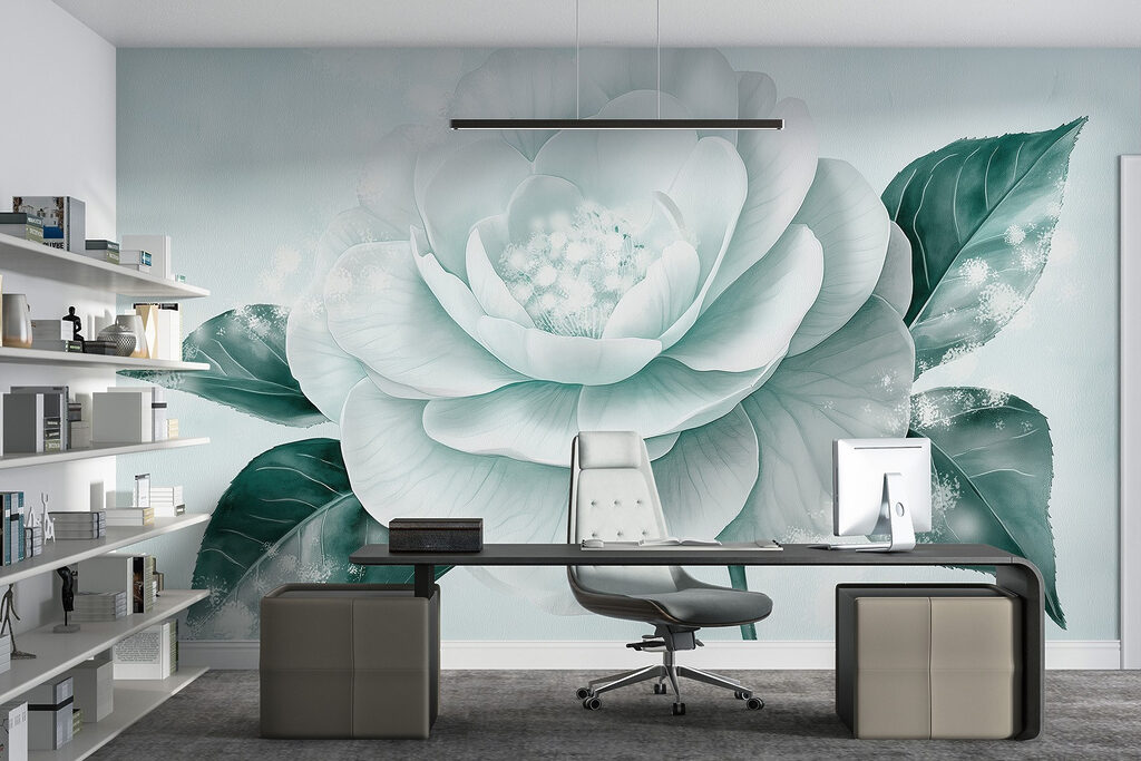 White flower with green leaves White flower with green leaves