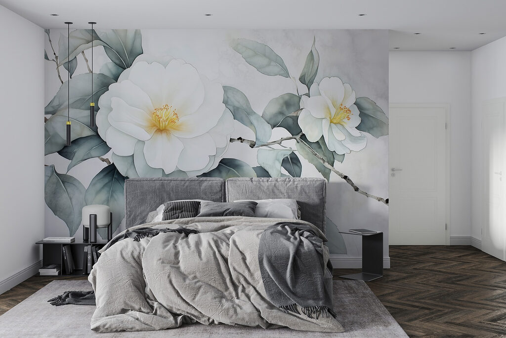 White flower with green leaves White flower with green leaves