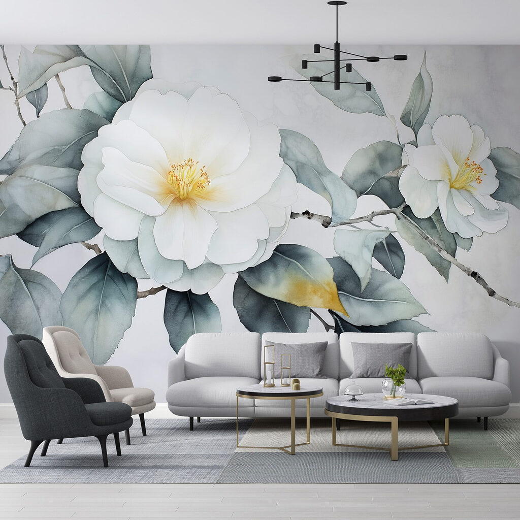 White flower with green leaves White flower with green leaves