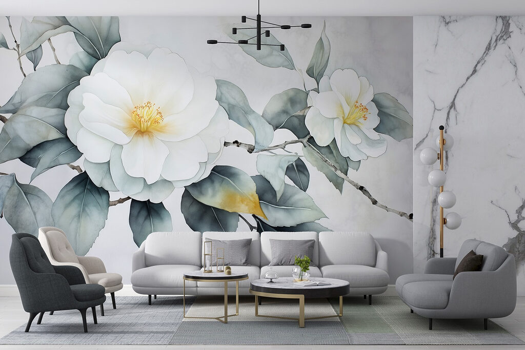 White flower with green leaves White flower with green leaves