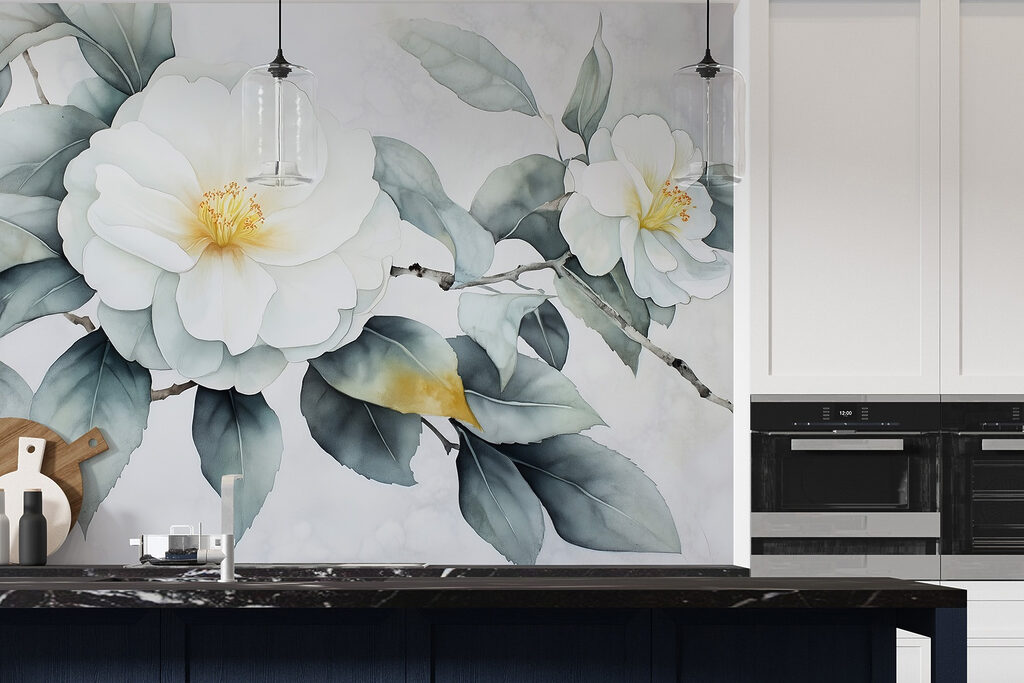 White flower with green leaves White flower with green leaves